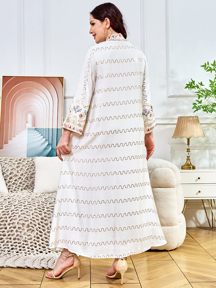 Floral Embroidered Sequin-Trimmed Abaya Maxi Dress