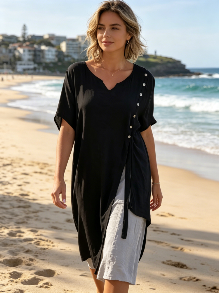 Faux Two Piece Linen Blend Midi Dress