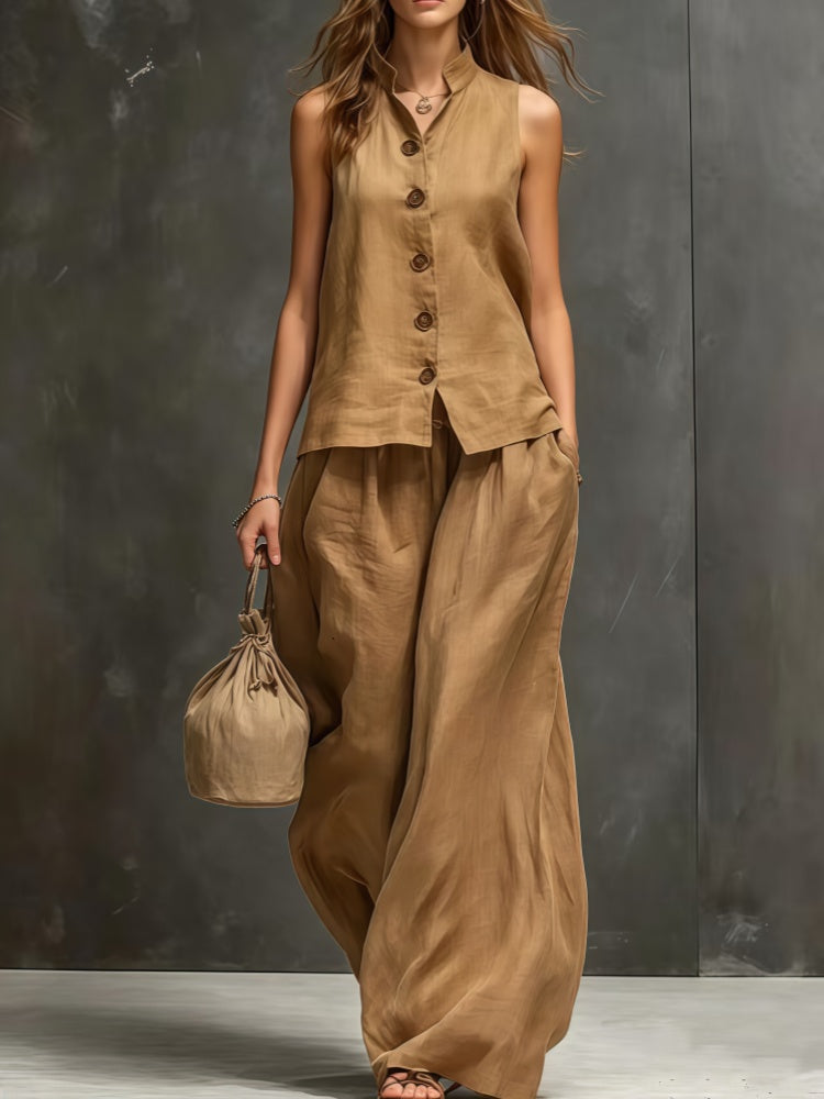 Sleeveless vest, wide-leg pants, cotton and linen two-piece set