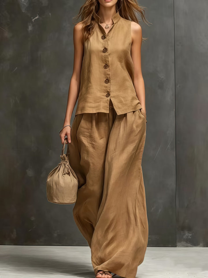 Sleeveless vest, wide-leg pants, cotton and linen two-piece set