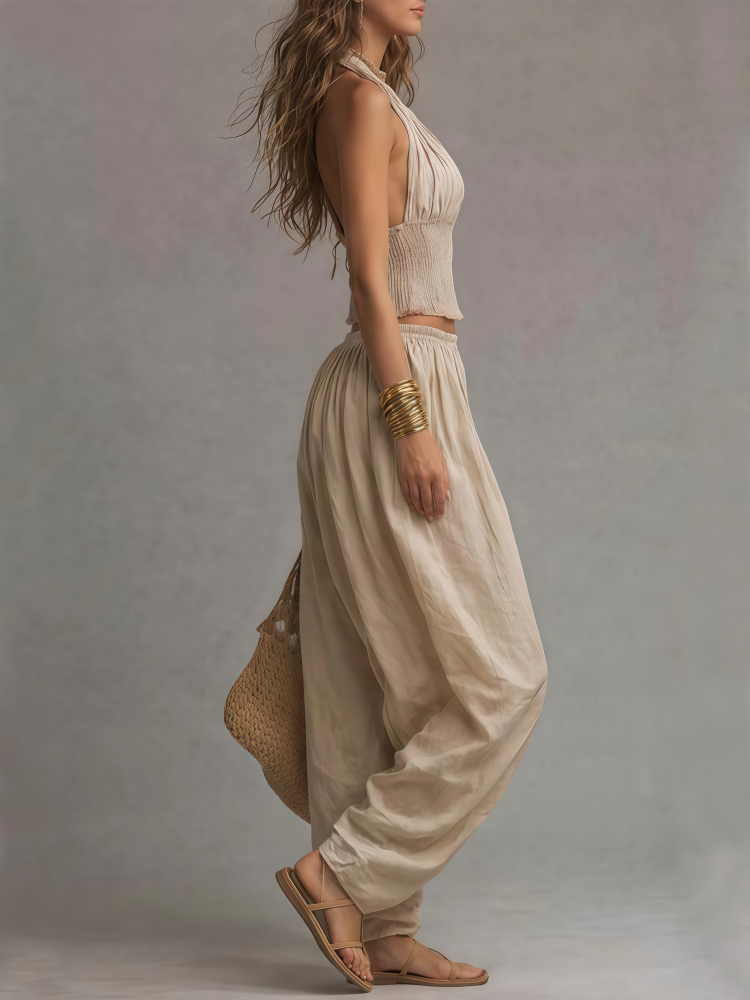 Halter Neck Smocked Crop Top &amp; Harem Pants Set