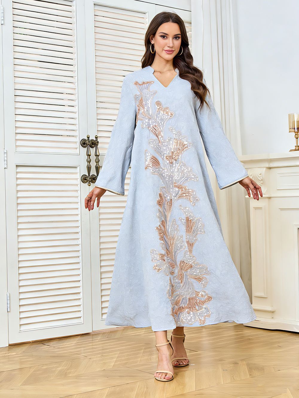 Sequin Embroidered Floral Abaya Maxi Dress