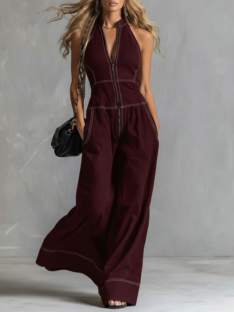 Deep V-neck stand-up collar sleeveless casual jumpsuit