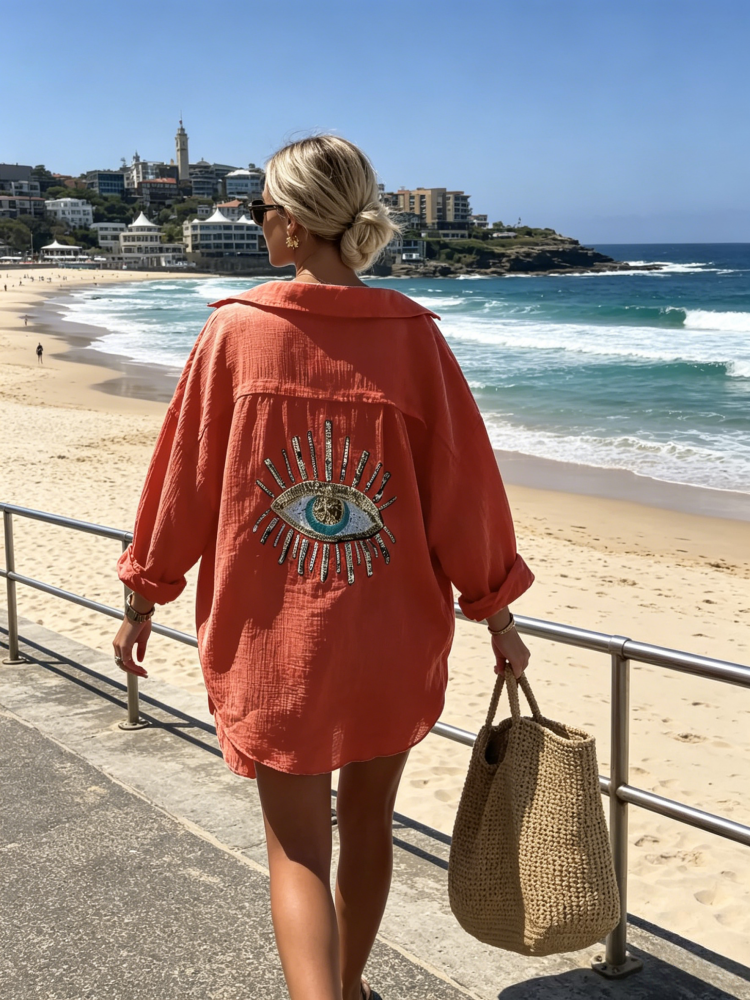 Evil Eye Sequin Print Linen Blend Oversized Shirt