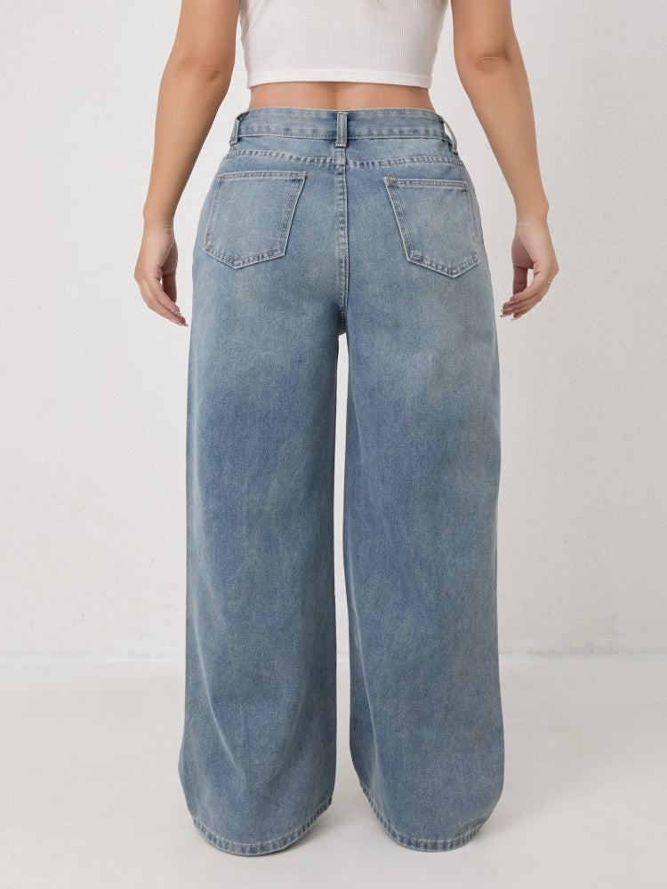 High Waist Hand Ripped Distressed Wide Leg Jeans