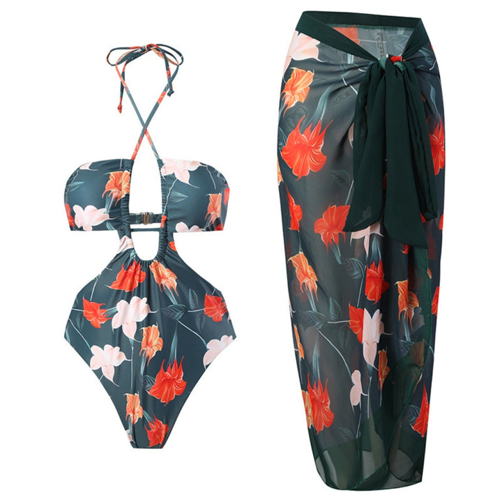 Printed Halter Cutout One Piece Swimsuit &amp; Wrap Skirt Set