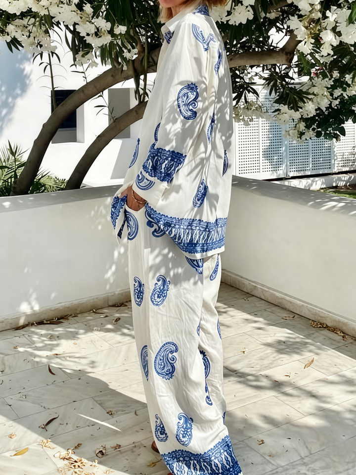 Printed Loose Long-Sleeve Shirt and Pants Two-Piece Set