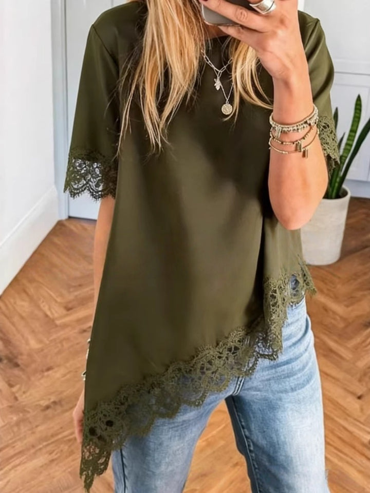 Lace Trim Asymmetrical Hem Blouse
