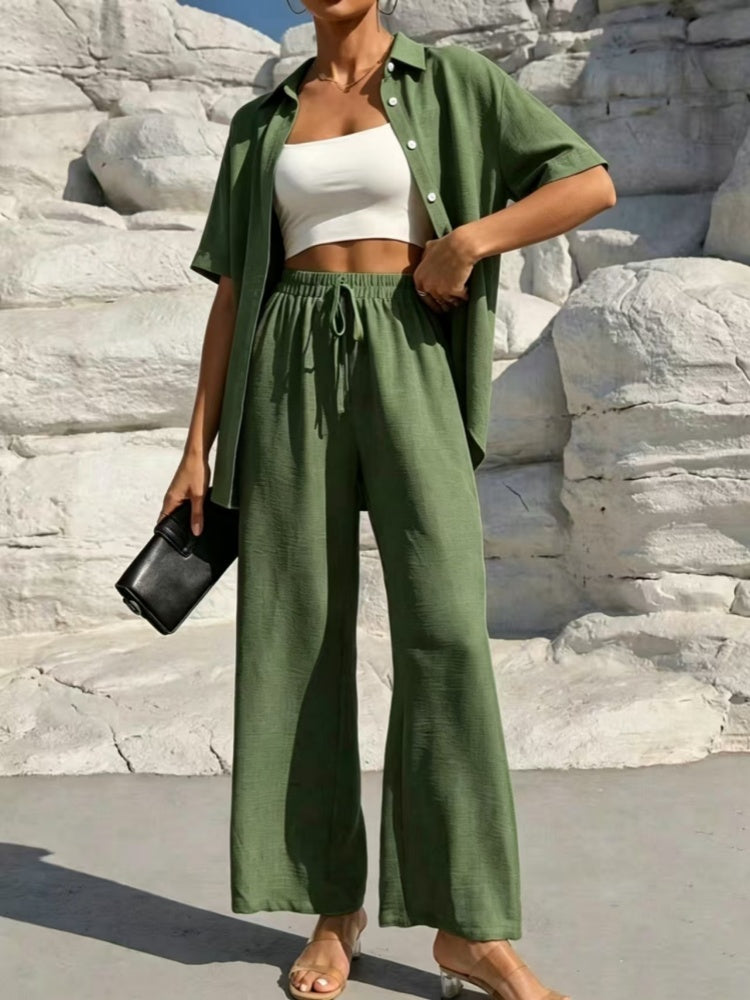 Stylish and casual solid color shirt and trousers two-piece women&