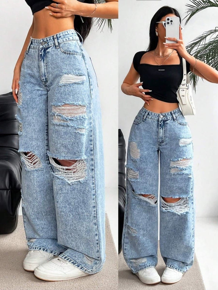 High-waisted straight-leg ripped jeans