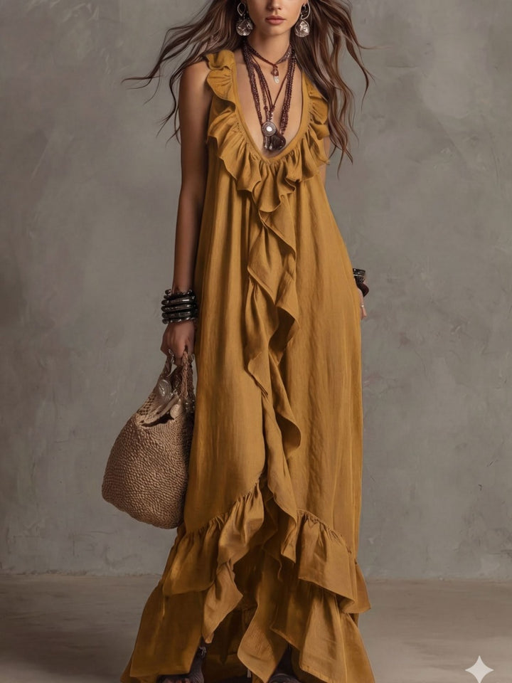 Boho Ruffled V-Neck Maxi Dress