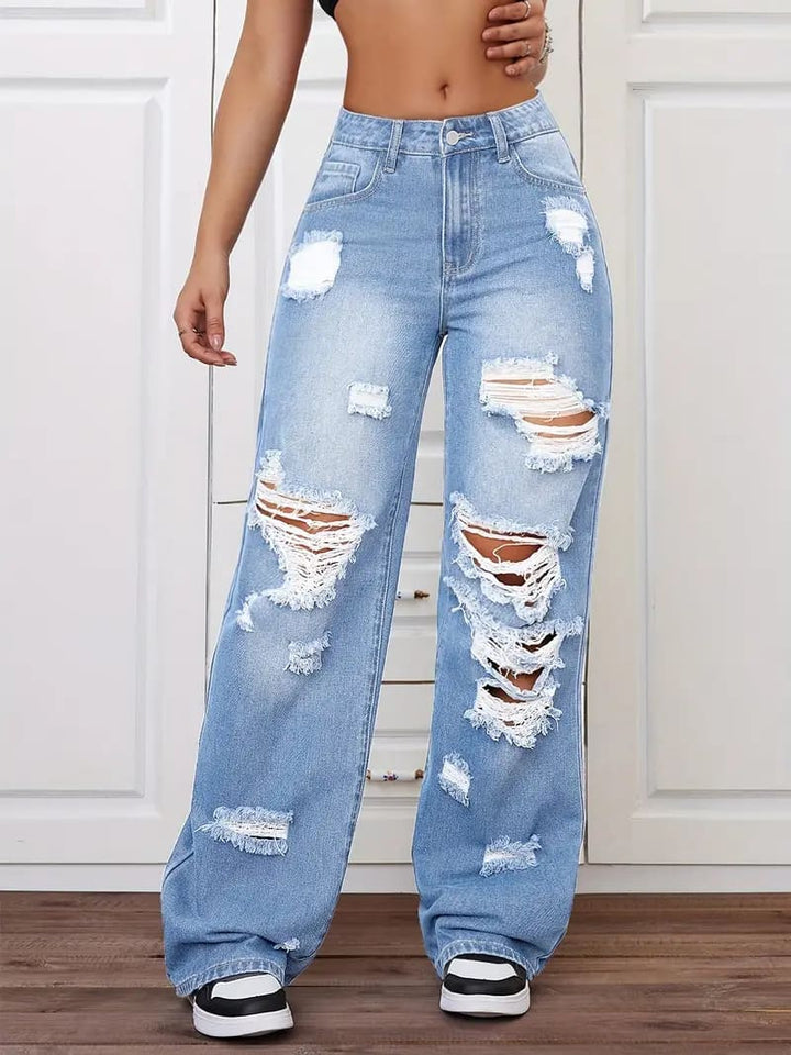 Retro distressed washed high-waisted straight leg jeans