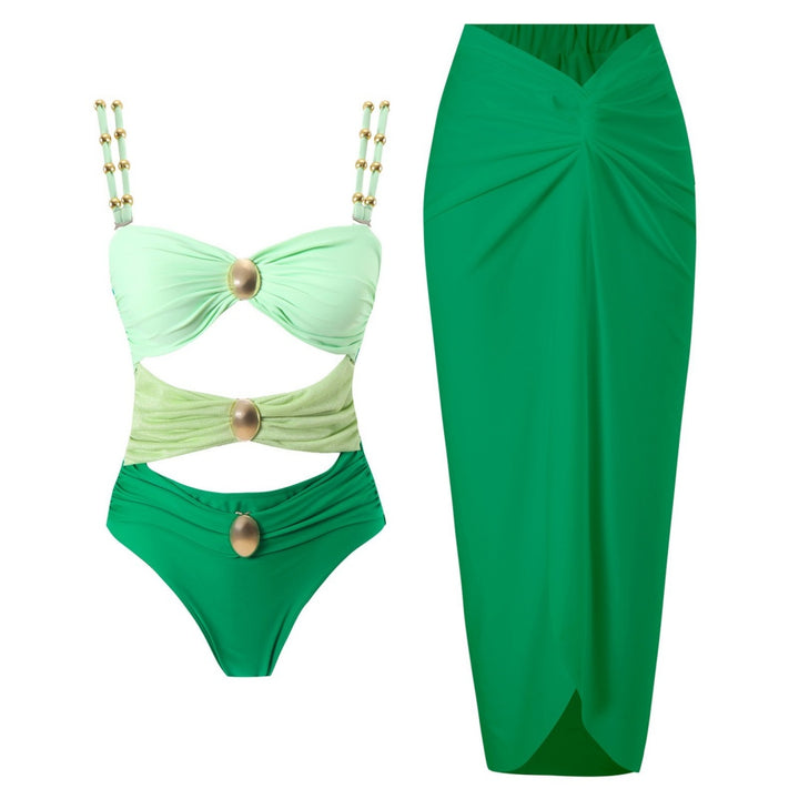 Beaded Strap Cutout Twist Front Swimsuit &amp; Wrap Skirt Set