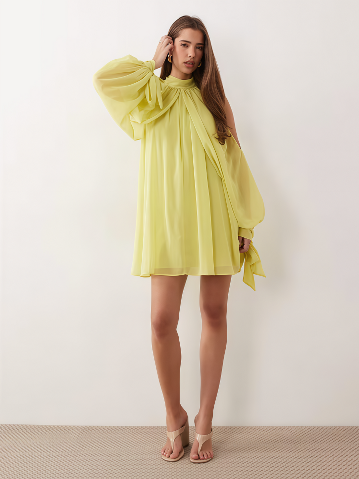 Puff-sleeve halter off-the-shoulder dress