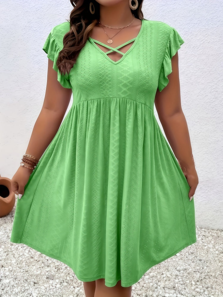 Plus Size Flutter Sleeve V-Neck Dress