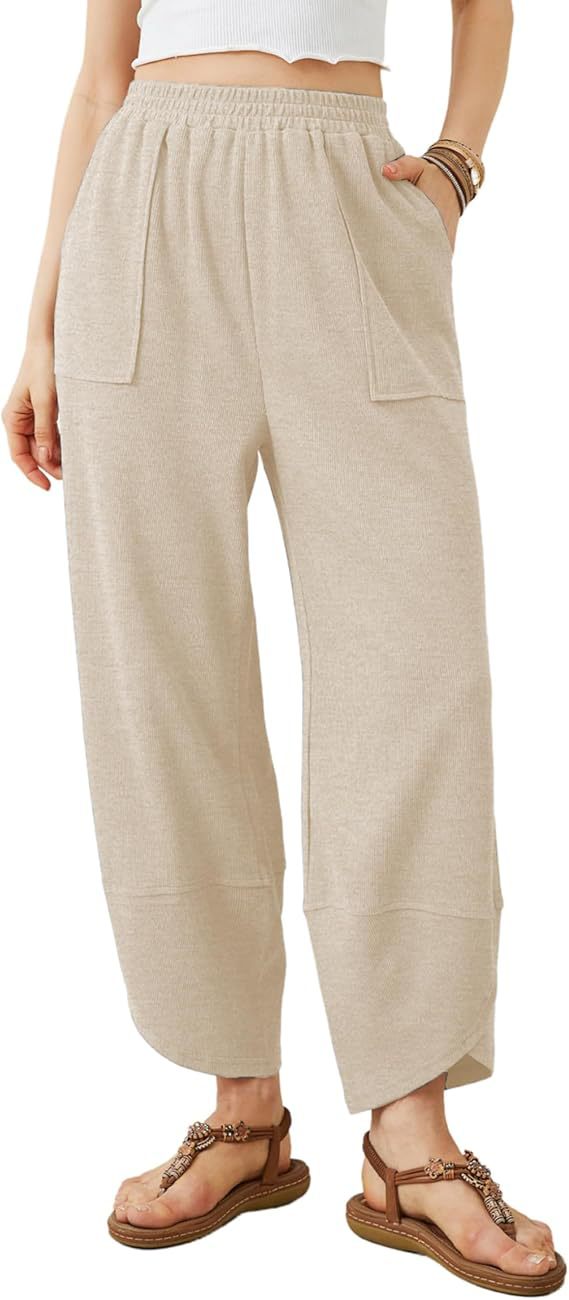Elastic Waist Loose Fit Cropped Pants
