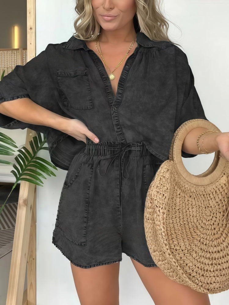 Washed Denim Button-Up Shirt &amp; Shorts Set
