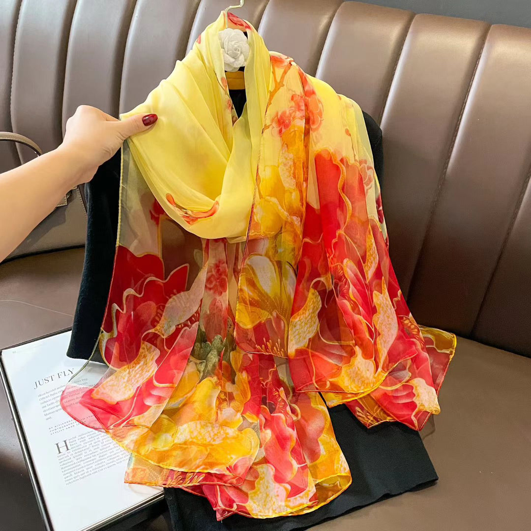 Sheer Artistic Floral Long Scarf Shawl