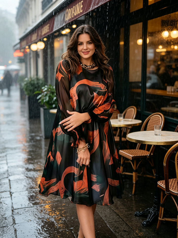 Abstract Print Flowy Long Sleeve A-Line Midi Dress