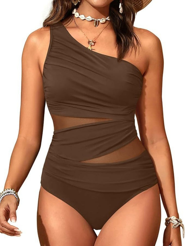 One Shoulder Mesh Ruched One Piece Swimsuit