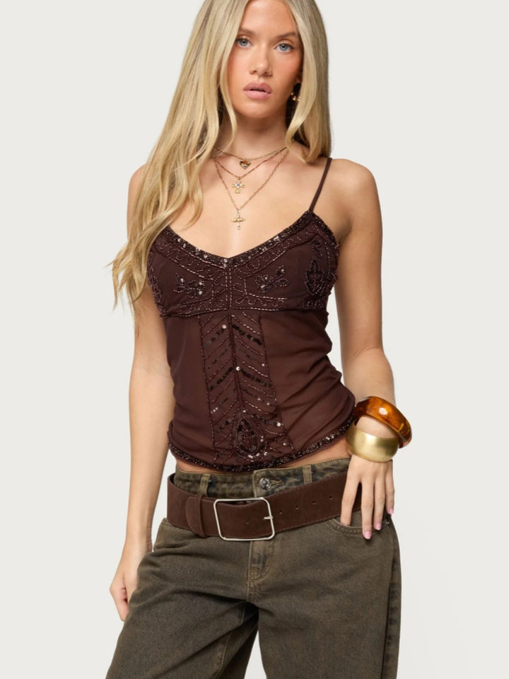 Beaded Mesh Cami Top - Sequin Embroidered Slim-Fit Y2K Camisole
