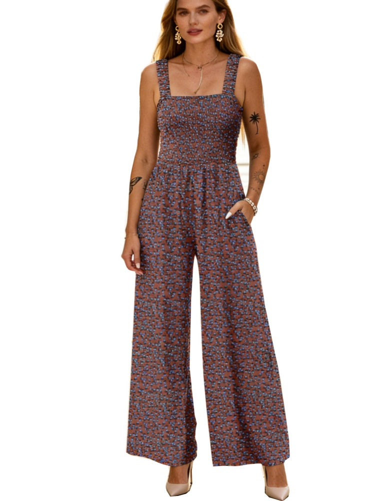 Smocked Square Neck Wide Leg Floral Jumpsuit