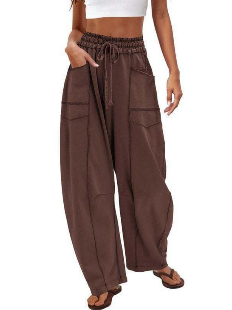 Elastic Waist Contrast Stitch Wide Leg Pants