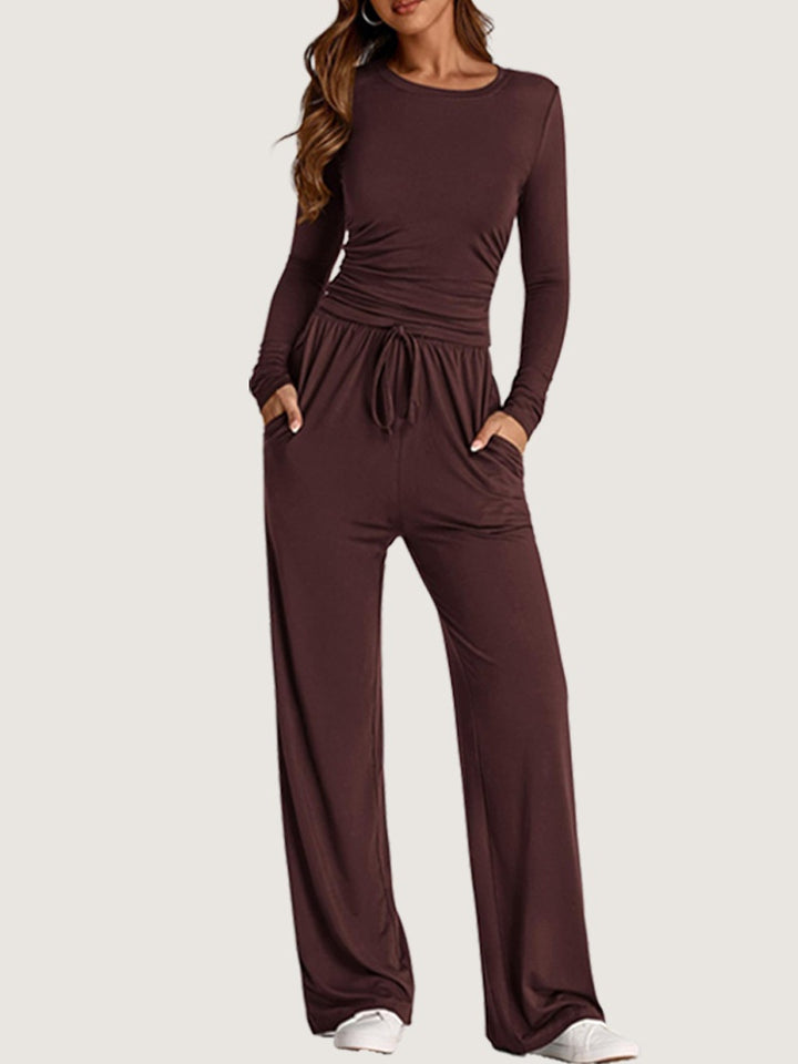Ruched Long Sleeve Top &amp; Drawstring Wide Leg Pants Set