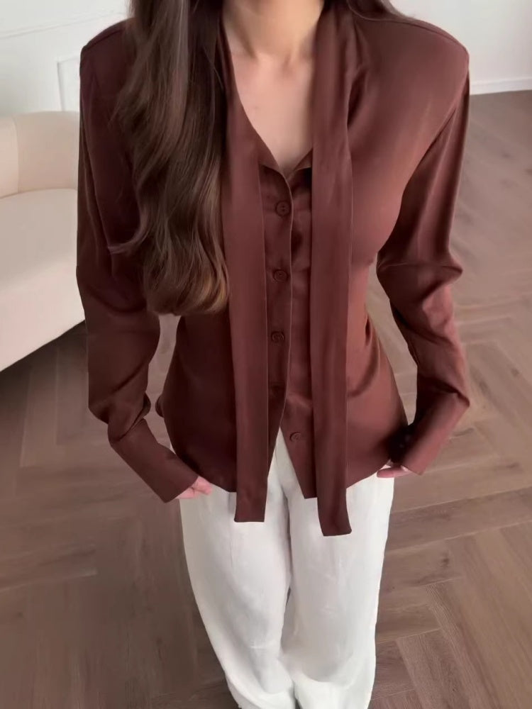 Long Sleeve Button Up Tie Front Blouse