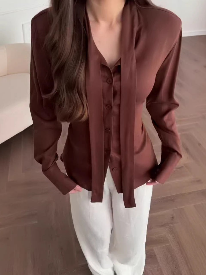 Long Sleeve Button Up Tie Front Blouse