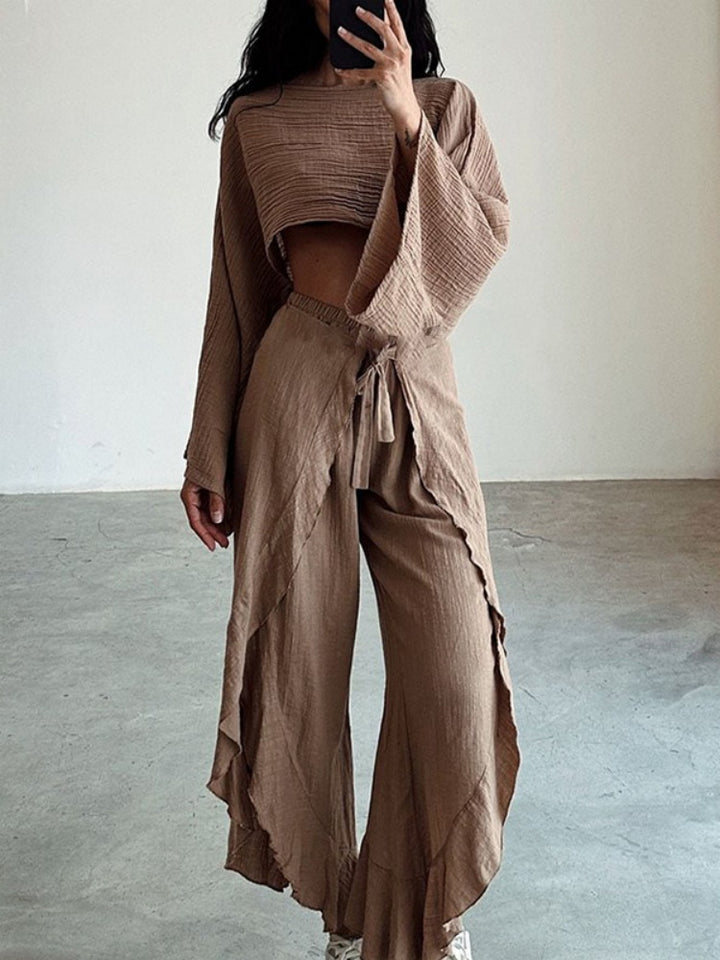 Crinkled Texture Long Sleeve Crop Top &amp; Wide Leg Pants Set