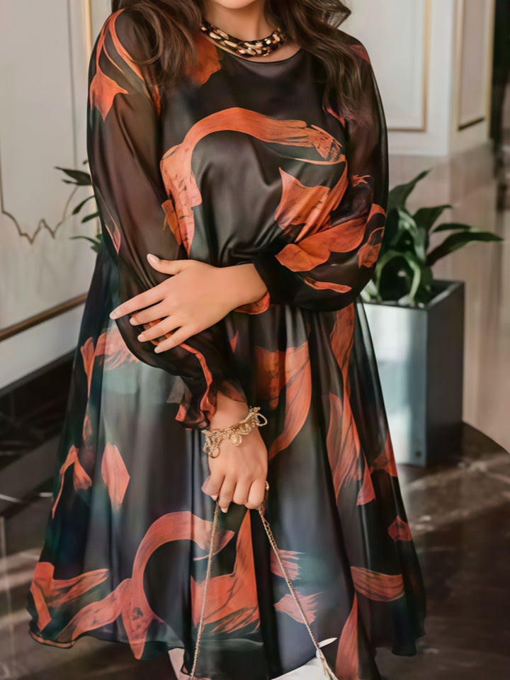 Abstract Print Flowy Long Sleeve A-Line Midi Dress