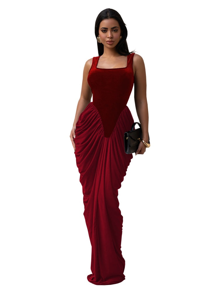 Square Neck Velvet Spliced Ruched Mermaid Maxi Dress