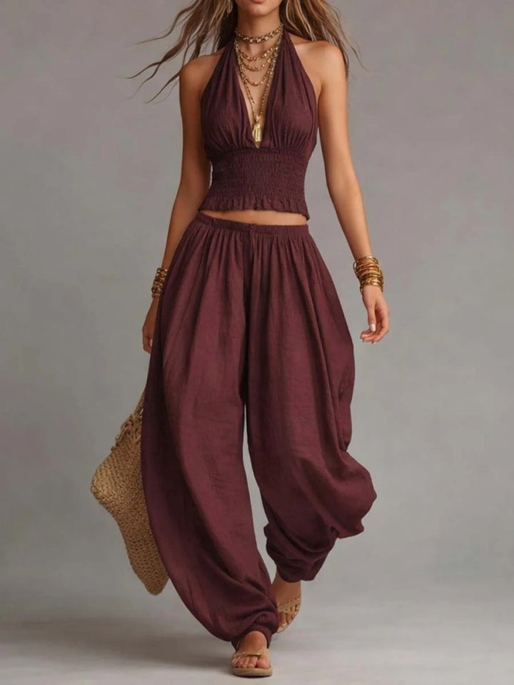 Halter Neck Smocked Crop Top &amp; Harem Pants Set