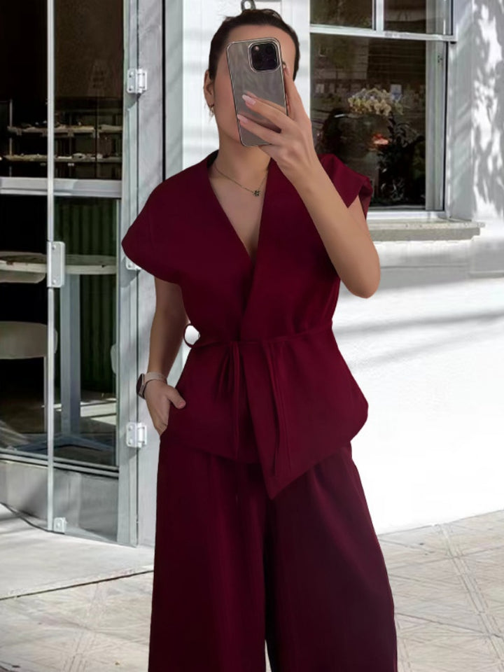V-Neck Short Sleeve Wrap Tie Waist Top &amp; Wide Leg Pants Set