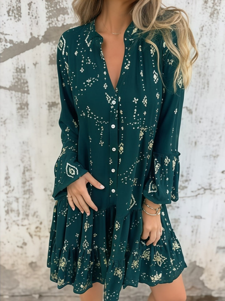 Solid color bell sleeve hollow dress