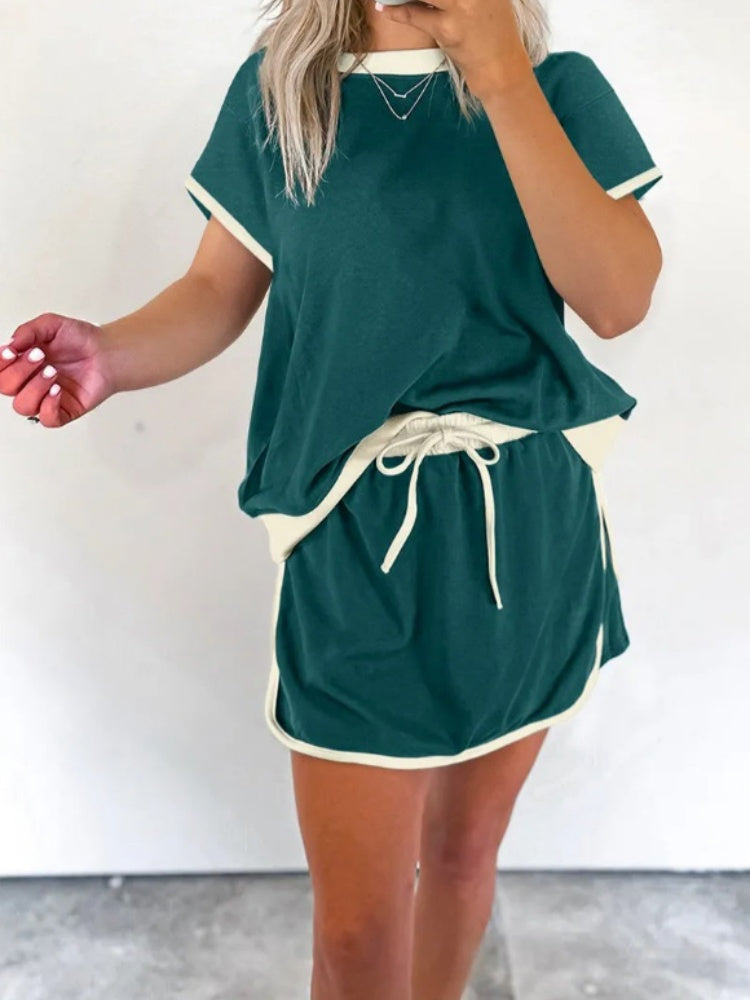 Contrast Trim Short Sleeve Top &amp; Mini Skirt Two-Piece Set