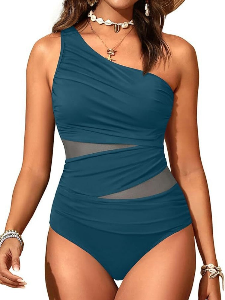 One Shoulder Mesh Ruched One Piece Swimsuit