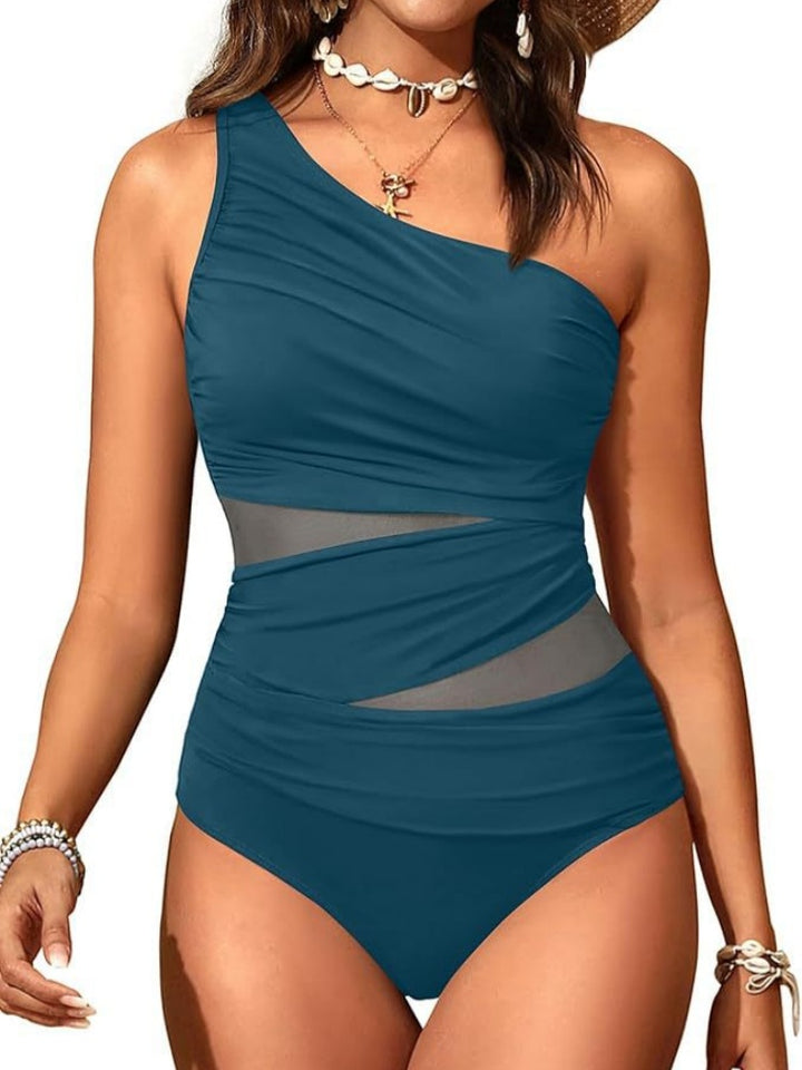 One Shoulder Mesh Ruched One Piece Swimsuit