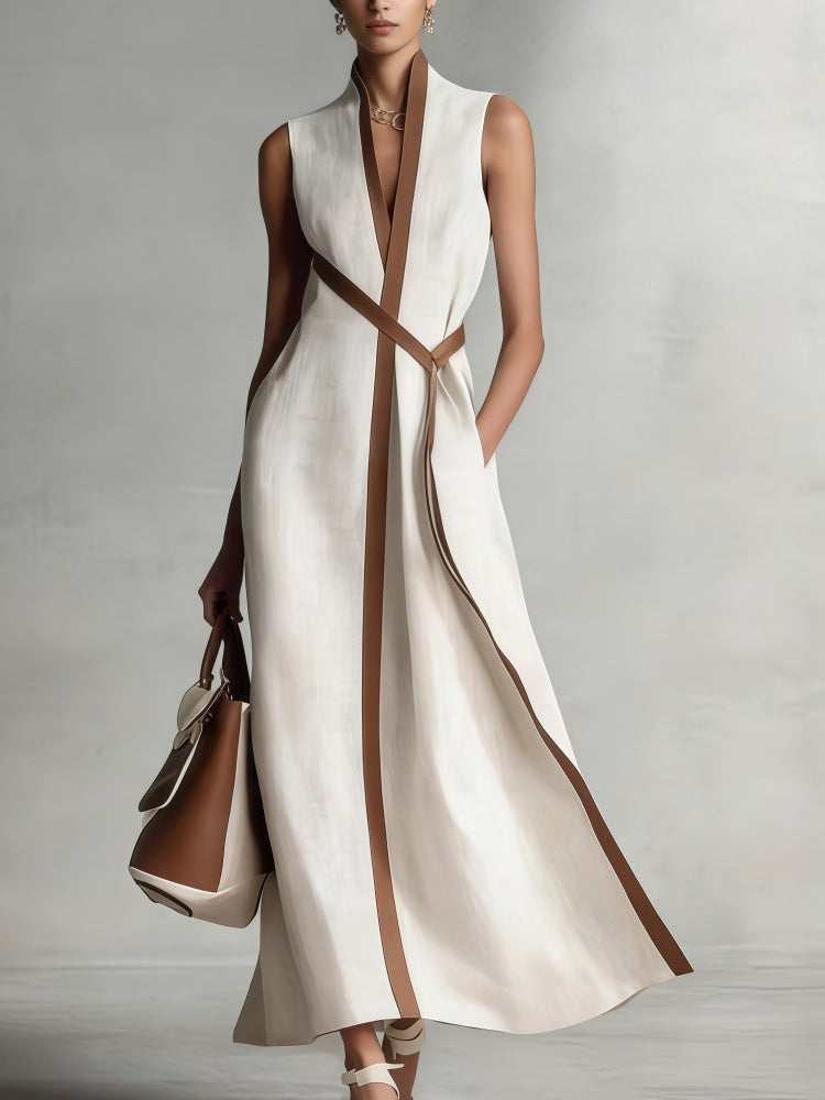 Color Block Linen-Blend Sleeveless Maxi Dress