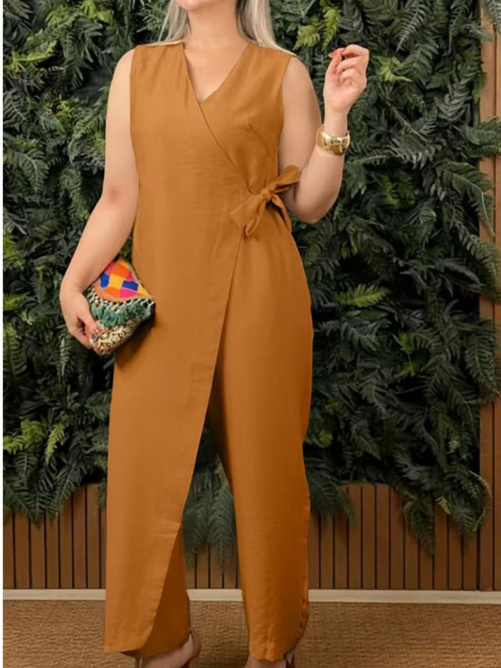 Plus Size Linen Blend Wrap Jumpsuit