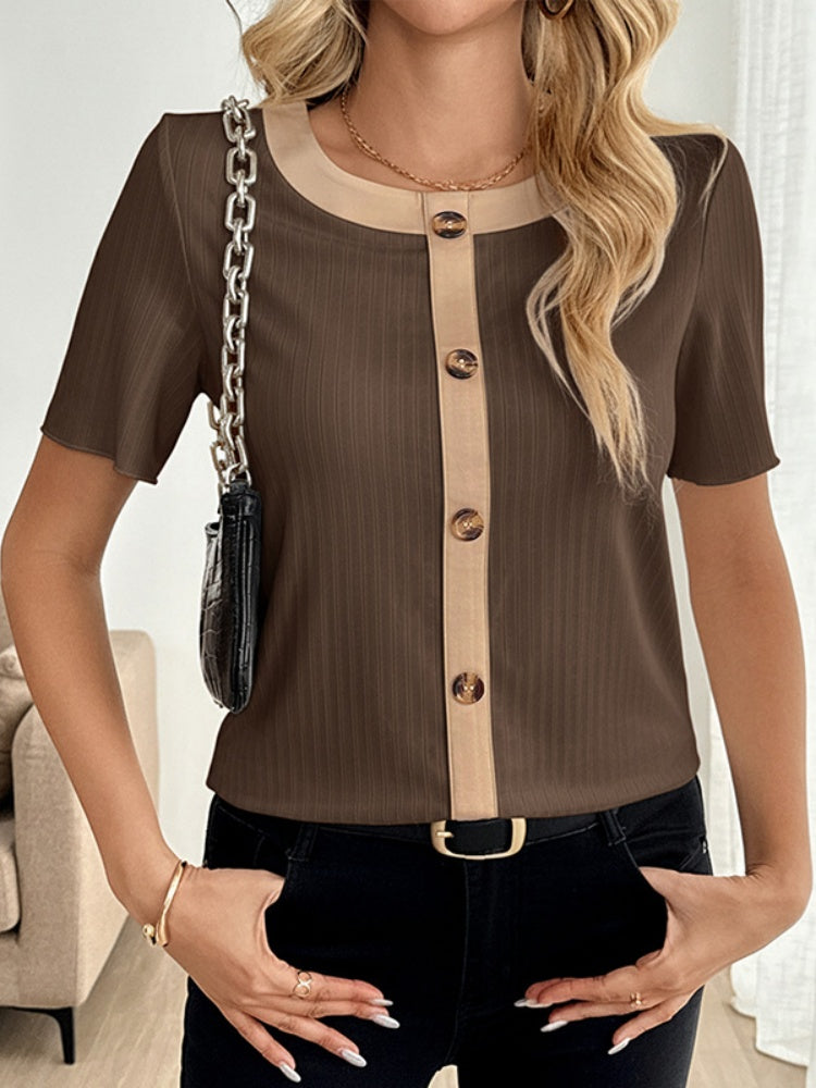 Contrast Trim Button-Front Ribbed Knit Top