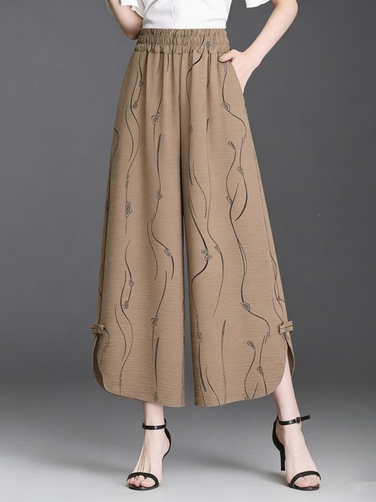 Elastic High Waist Abstract Line Print Cropped Wide Leg Culottes