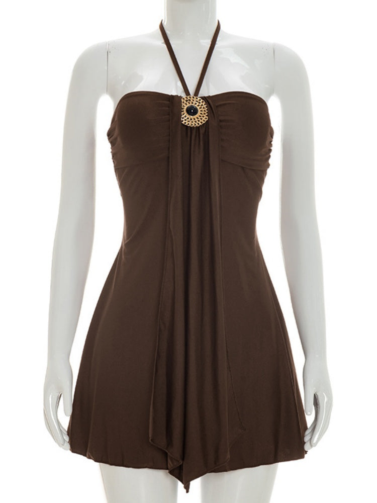 Gold Ornament Halter Draped A-Line Mini Dress