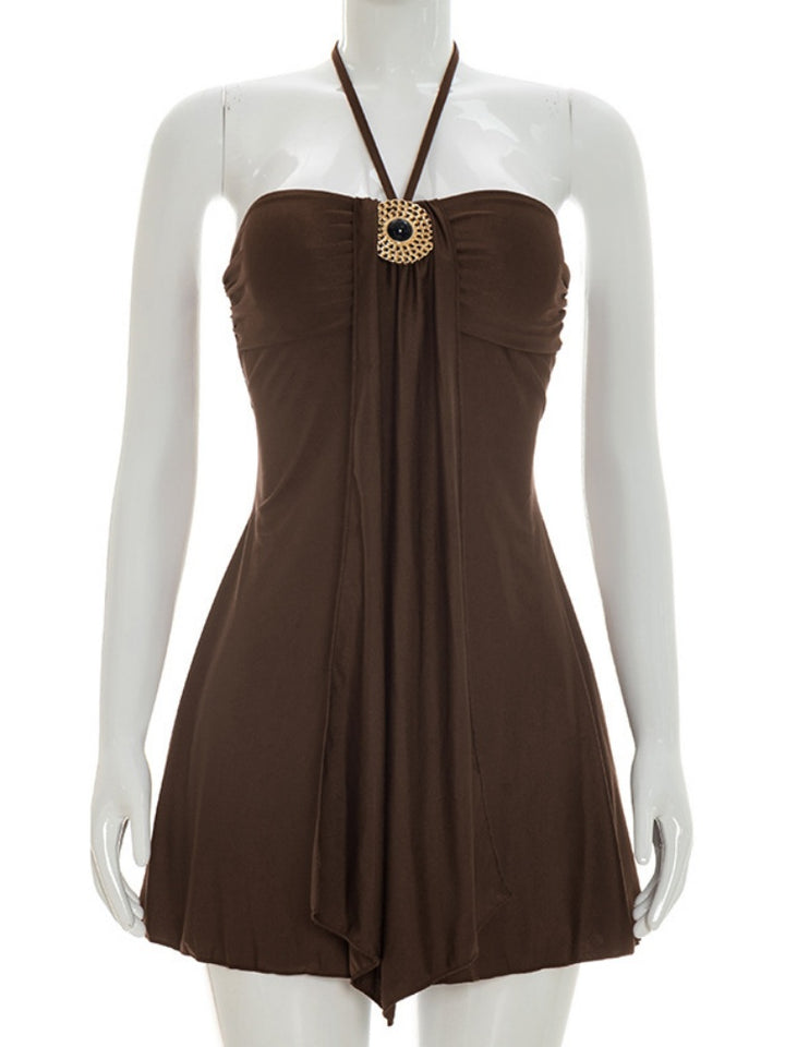 Gold Ornament Halter Draped A-Line Mini Dress