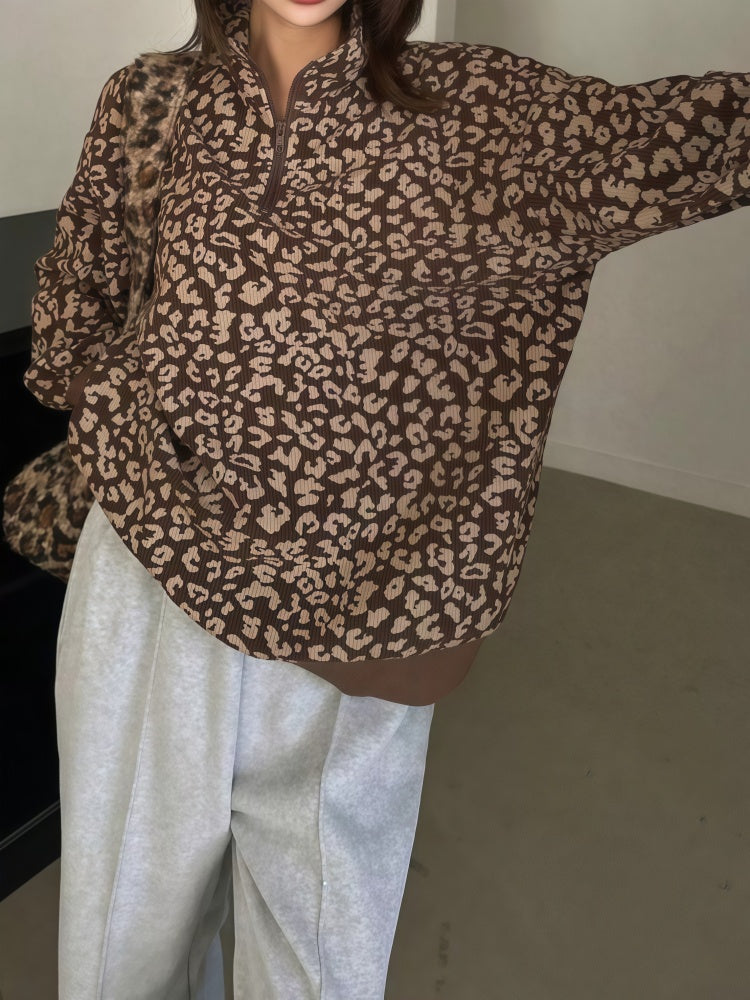 Leopard Print Corduroy Half-Zip Pullover