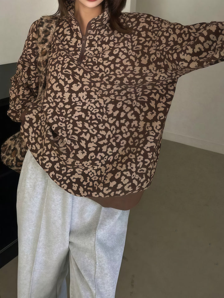 Leopard Print Corduroy Half-Zip Pullover