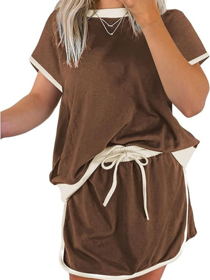 Contrast Trim Short Sleeve Top &amp; Mini Skirt Two-Piece Set