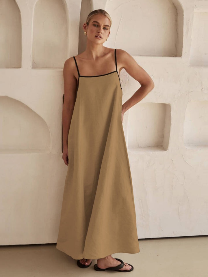 Contrast Trim Linen Blend Cami Maxi Dress