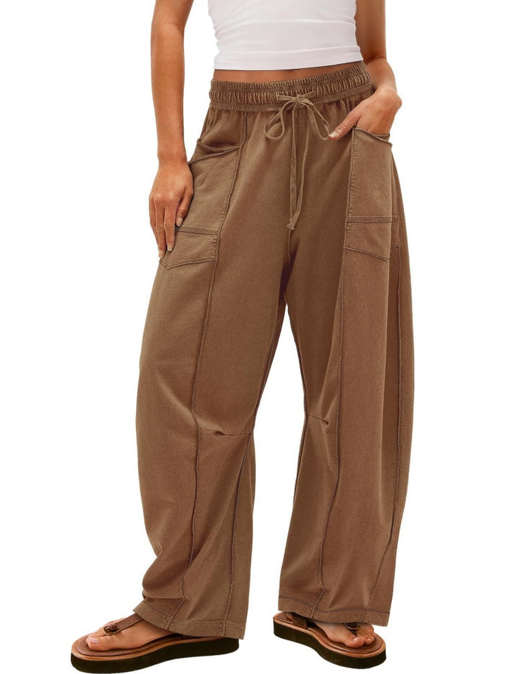 Elastic Waist Contrast Stitch Wide Leg Pants